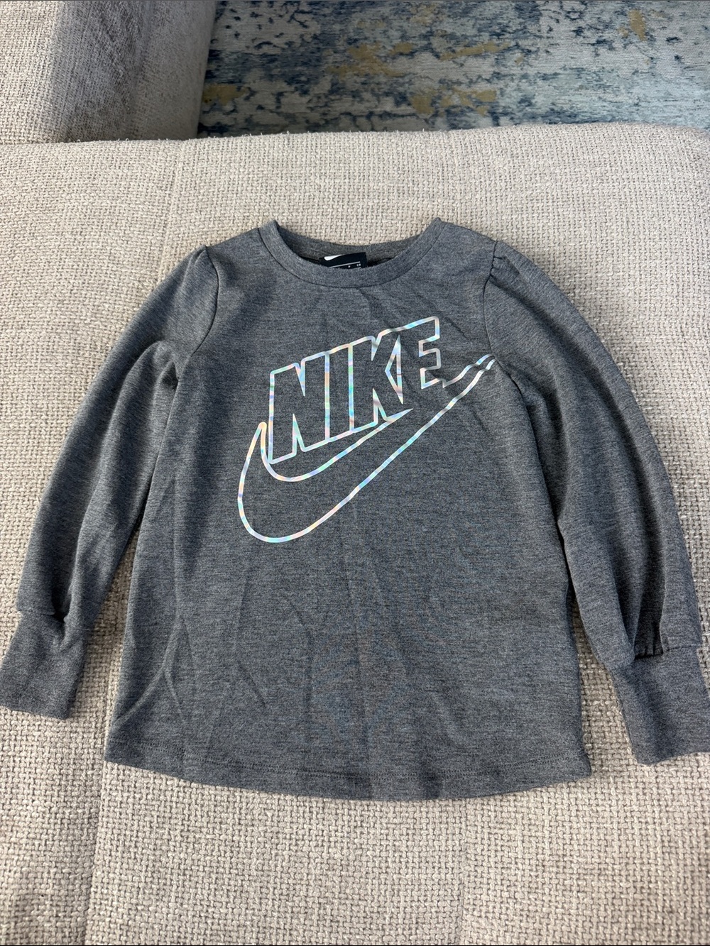 Nike Charcoal Gray Long-Sleeve Logo Tee with Iridescent Accent